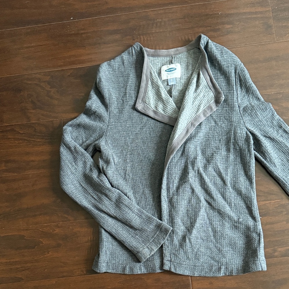 Old Navy Gray Ribbed Open Cardigan with Taupe Trim
